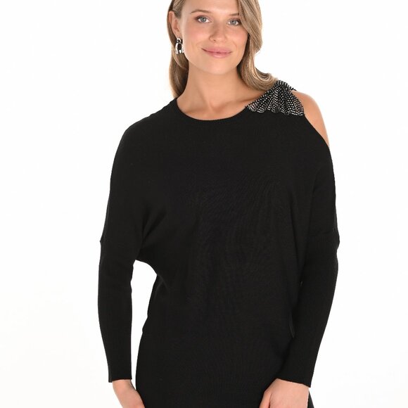 253741 Black Open Left Shoulder Bling Blouse by FRANK LYMAN - Picture 1 of 1